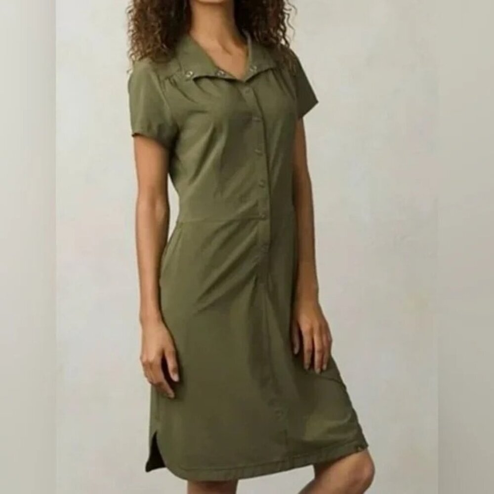 Prana Olive Green Button-Front Shirt Dress